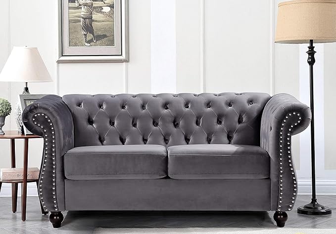Feinstein Modern Velvet Chesterfield Couches for Living Room with Nailheads Diamond Tufting &amp Durable Metal Frame Loveseat Gray