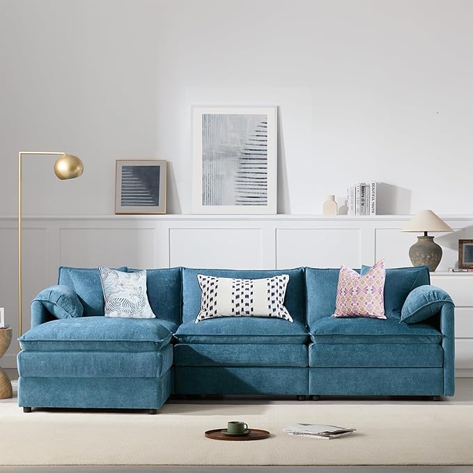 103.5 L Shaped Modern Cloud Sofa Modular Sectional Couch with Ottoman 4-Seat Chenille Deep Seat Sofa with Pillow for Living Room Bedroom and Apartment Blue