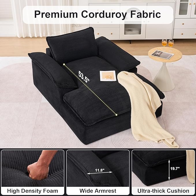 GNIXUU 67 Oversized Chaise Lounge Chair Indoor Corduroy Upholstered Boneless Sleeper Sofa Bed Comfy Large Reading Chair with Wide Armrests Plush Cloud Couch for Living Room Bedroom Black