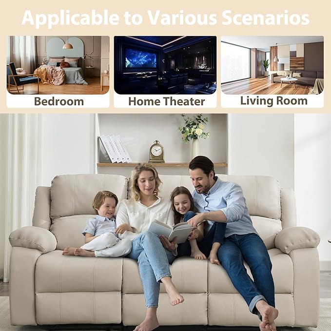 3 Seat Reclining Sofa Leather 3-Seater Manual Reclining Couch with Side Pocket Easy Assembly Reclining Loveseat Sofa for Living Room Meeting Room Bedroom Office Apartment RV