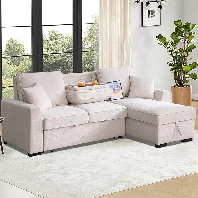INSTORY Sectional Sleeper Sofa with Pull-Out Bed Drop-Down Table USB &ampType-C Port Cup Holders Beige