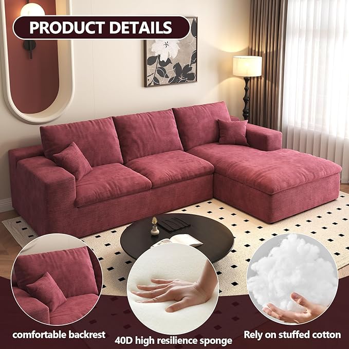 107'' L-Shaped Modern Modular Sectional Cloud Couch 4-Seat Chenille Deep-Seat Sofa with Pillow for Living Room Bedroom Apartment Wine Red