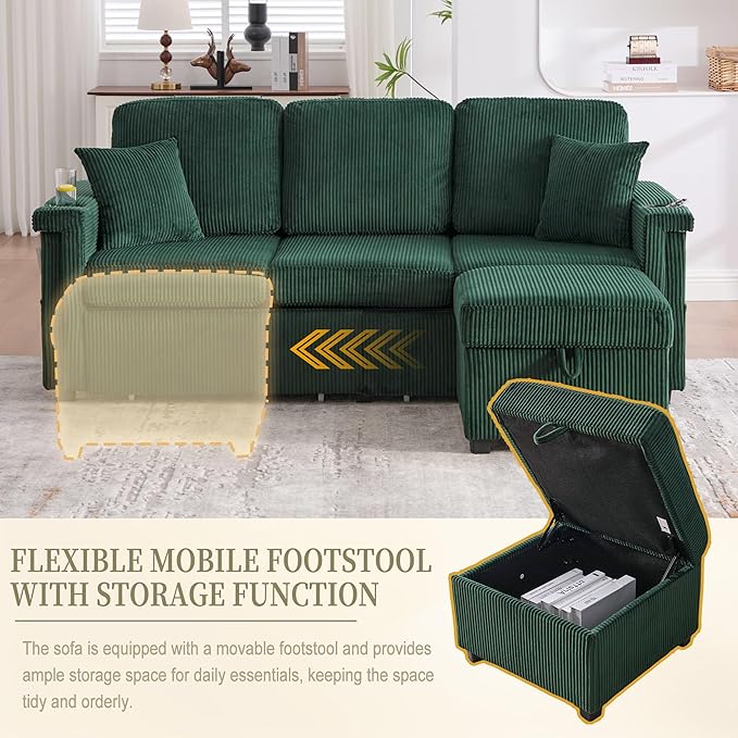 76.8 L-Shaped Sleeper Sofa with Storage Ottoman USB Ports Cup Holders&ampLED Lights Side Pockets Comfy Corduroy Modern 3-Seater Small Couch Bed for Living Room with 2 Throw Pillows (Emerald Gree