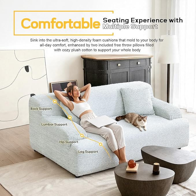 VINGLI 72 w Compressed Love Seat Sofa with Wide Curved Armrests (10.6) Premium Corduroy Couch in a Box Boneless Loveseat for Living Room Easy Assembly Required for Small Spaces Light Blue