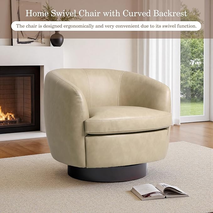 Faux Leather Swivel Barrel Chairs Set of 2 Modern Round Swivel Accent Chair with 360° Rotation Upholstered Armchair Club Chair for Living Room Bedroom Office (Cream)