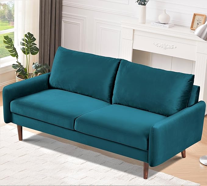 Kent Velvet Sofa for Modern Living Rooms and Compact Spaces Comfy 3 Seater Couch Studio Apartment Furniture with Sleek Design Greenish Blue