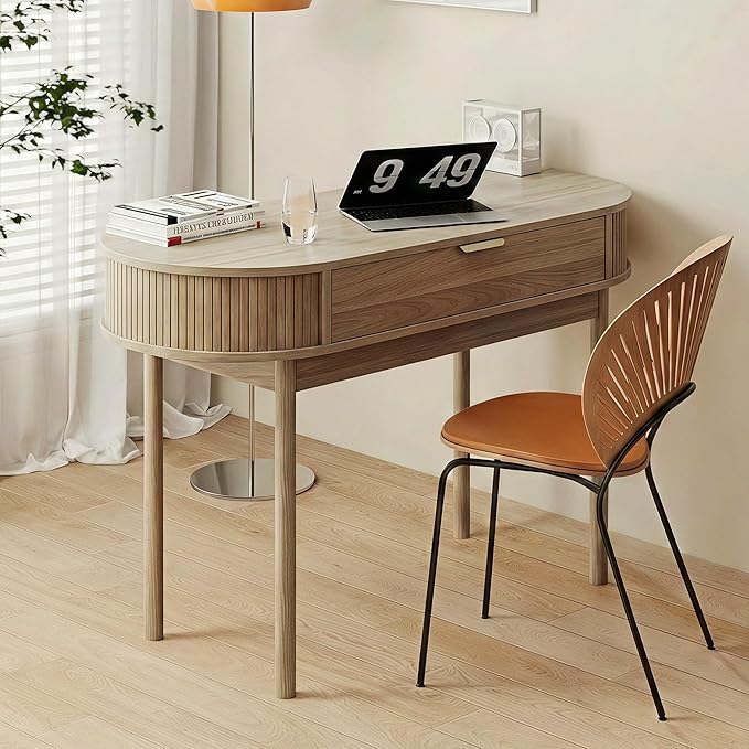 Writing Desk with Drawer 39 Small Computer Desk with Fluted Design Oval Wood Study Table for Small Space Modern Home Office Desk Makeup Vanity Table for Bedroom Brown