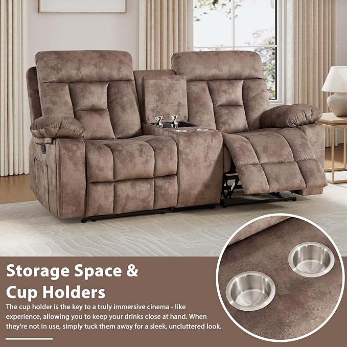 EBELLO Loveseat Recliner Sofa for Living Room Extra Wide Modern Overstuffed 2 Seat Reclining Manual Sofa Chair with Hidden Armrest Cup Holders Breathable Fabric Brown