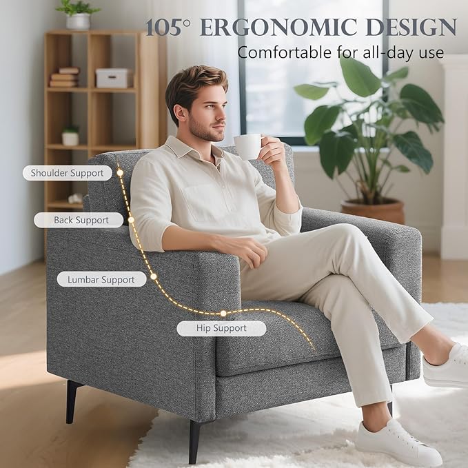 CDCASA Accent Chair Linen Fabric Oversized Mid Century Modern Chair Set of 1 Comfy Upholstered Armchair Reading Accent Chairs Sofa Chairs for Bedroom Living Room Dark Grey