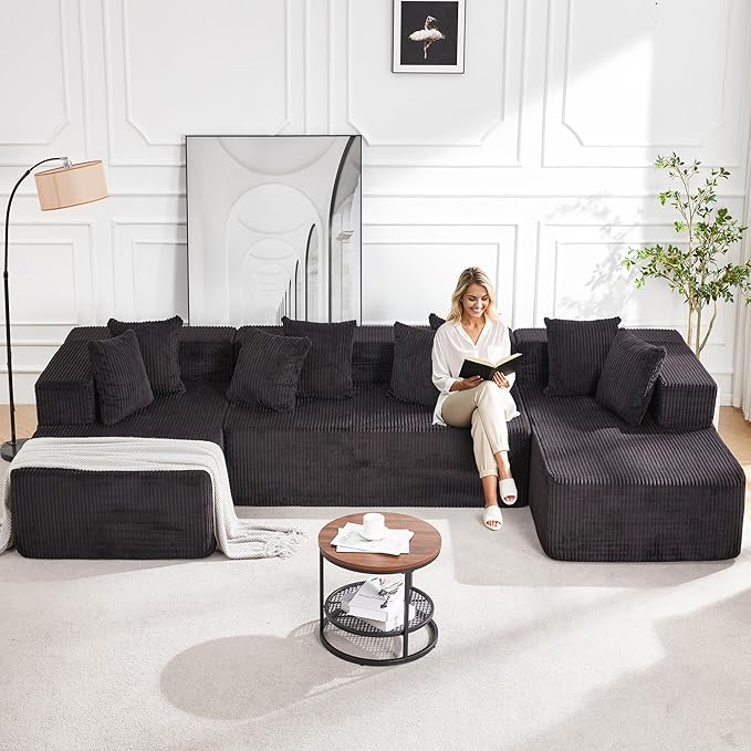 HOMREST 131 Boneless Memory Foam Sofa with Chaise Lounge Comfy Corduroy Deep Seat Modular Sectional Couch Large U-Shaped Floor Sofa for Living Room &amp Apartment No Assembly Required Black