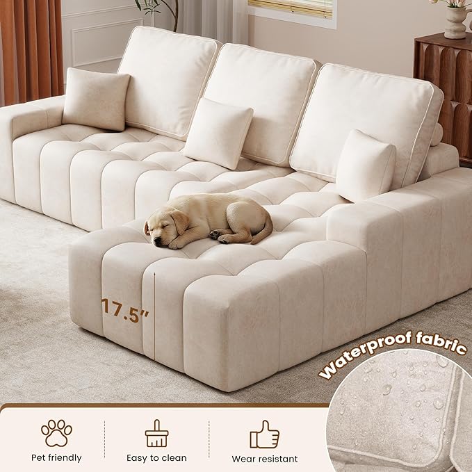 108'' Modular Sectional Sofa with Chaise Lounge L Shape Faux Leather Cloud Boneless Couch 3 Seater Deep Seat and 3 pcs Back Cushions for Living Room Bedroom(Right Facing)