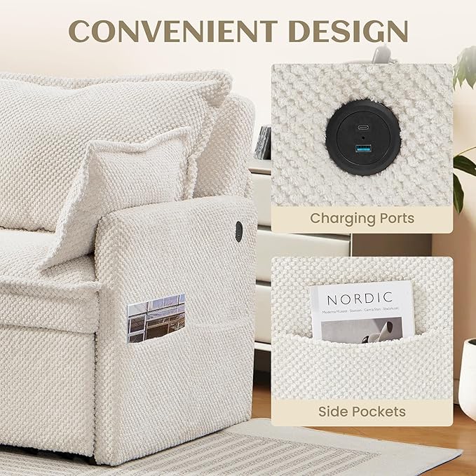 SUNWAVE 60 Pull Out Sofa Bed - Convertible Sleeper Sofa Bed Corduroy Pull Out Couch Bed with USB Charging Side Pockets for Living Room Bedroom Small Spaces (Cream 60)