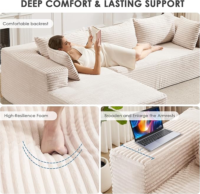 107 Cloud Couch Modular Sectional L Shaped Couch with Chaise Deep Seat Sofa Fluffy Corduroy Couches Boneless Couch for Living Room White Left Facing Chaise