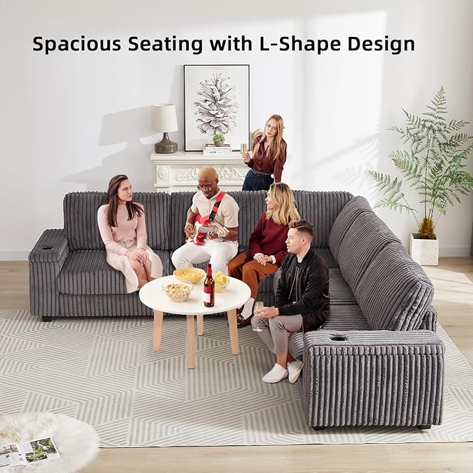 110 Oversized L-Shaped Sectional Sofa Plush Corduroy Deep Seat Couch Large V Shaped Corner Couch with Storage USB Charging Cup Holder Modern Upholstered Sectional for Living Room (Grey)
