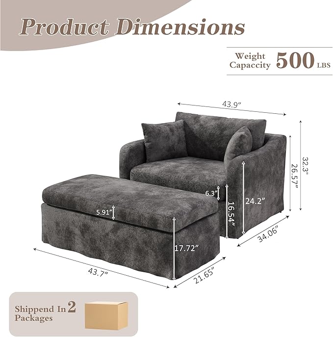 Mlmh &amp Kngwa Chenille Oversized Armchair with Ottoman 45.27 W Comfy Reading Chair and Ottoman Set Big Cozy Chair with 3 Pillows for Living Room Bedroom Reading Nook Charcoal