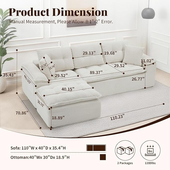 110 Modular Sectional Sofa Cloud Sectional Couch with Ottoman Modern L Shaped Sofa with Deep Seat Upholstered Boneless Couch for Living Room with Layered Cushion No Assembly Beige
