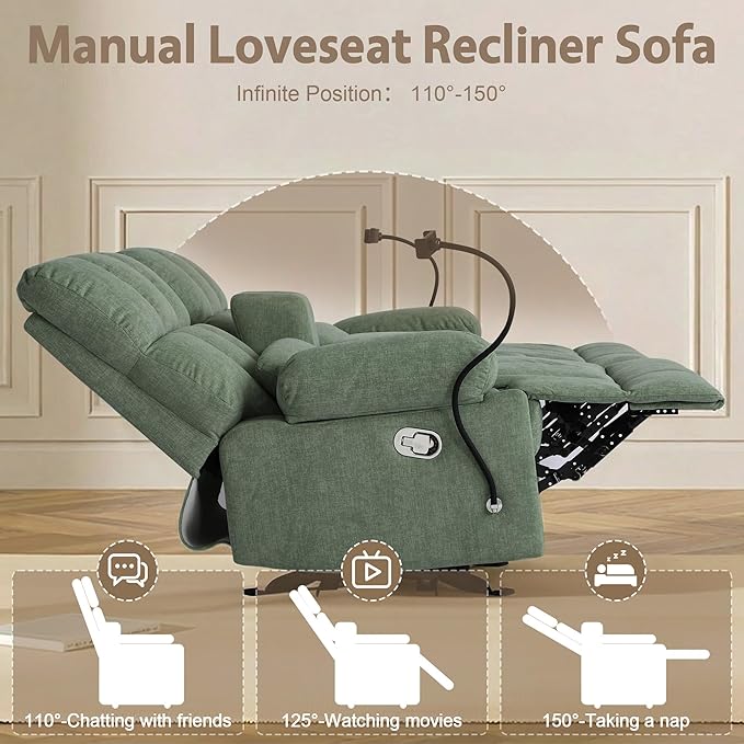Reclining Loveseat with Rocker FunctionCat-Proof Loveseat Recliner Sofa with Phone Holder/USB/Type C RV Double Rocker Reclining Couch for Home TheaterLiving Room (Green) | Rocker Function Cat-Proo