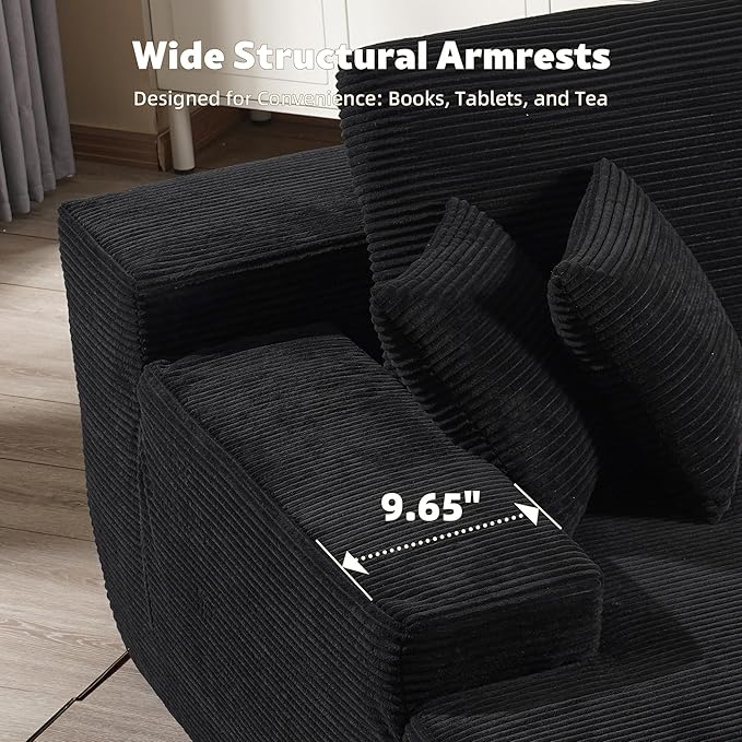 67x48 Oversized Chaise Lounge Chair Indoor Upholstered Sofa Bed with Plush Faux Fur Sleeper Couch Reading Chair Fluffy Cloud Sofa for Living Room Corduroy Black