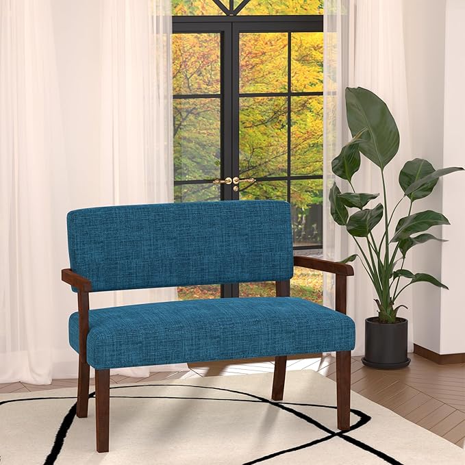 Accent Chair 2 Seat Upholstered Reading Leisure Chair Bench with Solid Wood Frame for Dining ReadingWaiting Rooms (Blue)