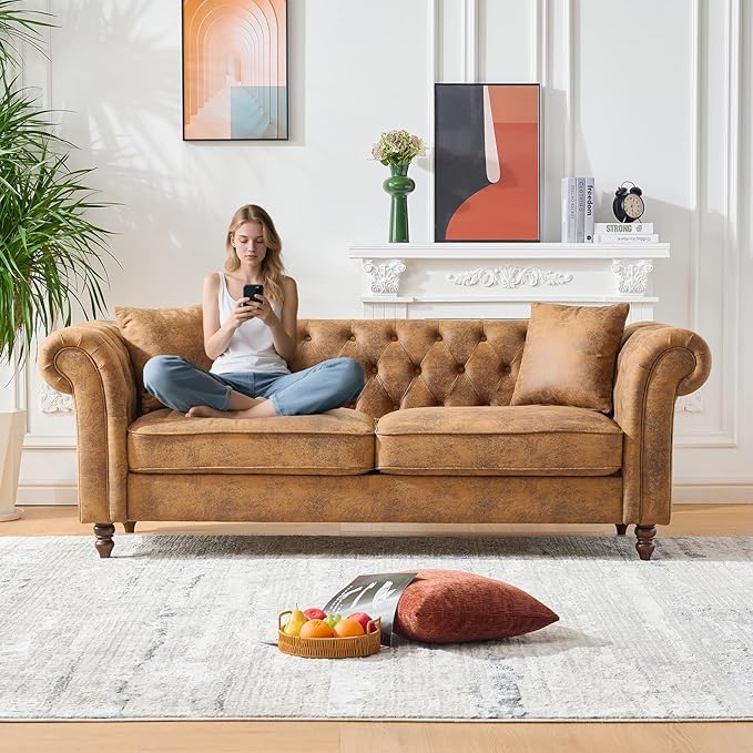 Modern Couch and Loveseat Sets Luxury Faux Leather Chesterfield Living Room Sofa Set Comfy Upholstered Deep Seat Sofa Furniture Set w/ Roll Armrest &amp Tufted Button for Office Juego De Sala Brow