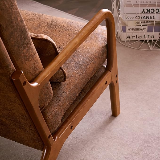 JOYBASE Lounge Accent Chair Mid Century Modern Chair High Back Chair Wood Frame Armchair Comfy Reading Chair for Living Room Office Bedroom (Coffee Brown Bronzing Cloth)