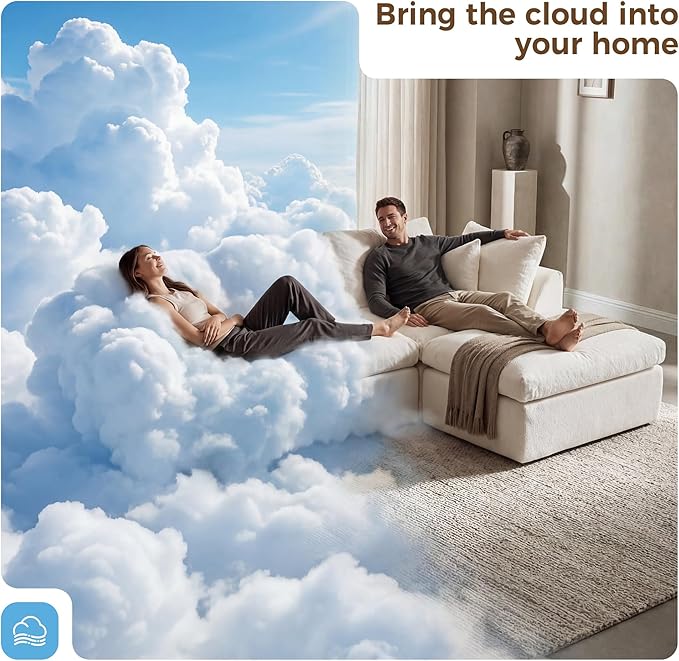 108 Cloud Sectional Couches with 1 Extra Washable Cover L Shaped 25.6 Deep Seat Couch with Ottoman Oversized Comfy Living Room Sofa DIY Color Refresh (White Sofa + Gray Cover Set)