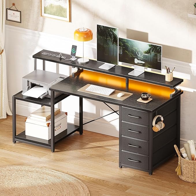 ODK 55 Inch Computer Desk with 4 Drawers Office Desk with Power Outlets Printer Shelf &amp Storage Shelves Large Writing Study Table for Home Bedroom Study or Gaming Setup Black