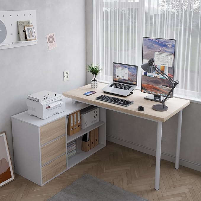 Home Office Computer Desk Corner Desk with 3 Drawers and 2 Shelves 53-inch L-Shaped Study Desk with Storage White + Walnut