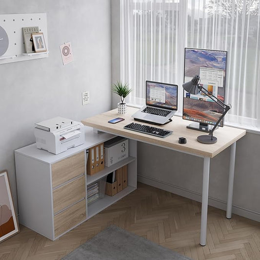 Home Office Computer Desk Corner Desk with 3 Drawers and 2 Shelves 53-inch L-Shaped Study Desk with Storage White + Walnut