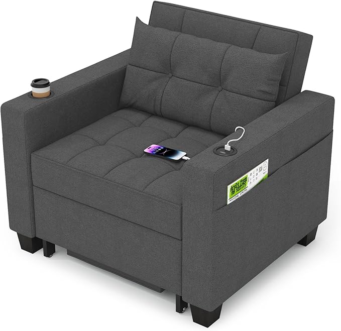 DURASPACE 36.6 Futon Chair Bed Convertible Chair 3-in-1 Pull Out Sleeper Reading Chair Beds with USB Armchair Sleeper Bed for Living Room Dorm Small Space (Dark Gray Linen)