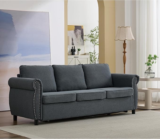 Pull Out Sofa Bed Queen Size Sleeper Sofa with Memory Foam Mattress 3 in 1 Convertible Pullout Couch Bed 3-Seater Comfy Upholstered Loveseat Sofas for Living Room Guest Room RV (Grey Linen)