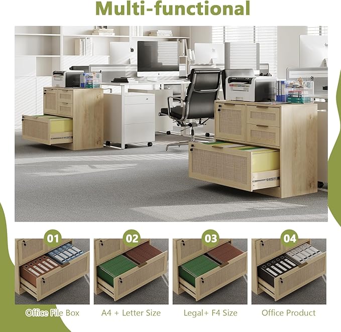 HOPUBUY Lockable 4 Drawers File Cabinet Set of 2 Lateral Filing Cabinet with Printer Stand for Home Office and School Wood Rattan File Cabinet for Hanging Files/Letter/Legal/A4/F4 Size Oak