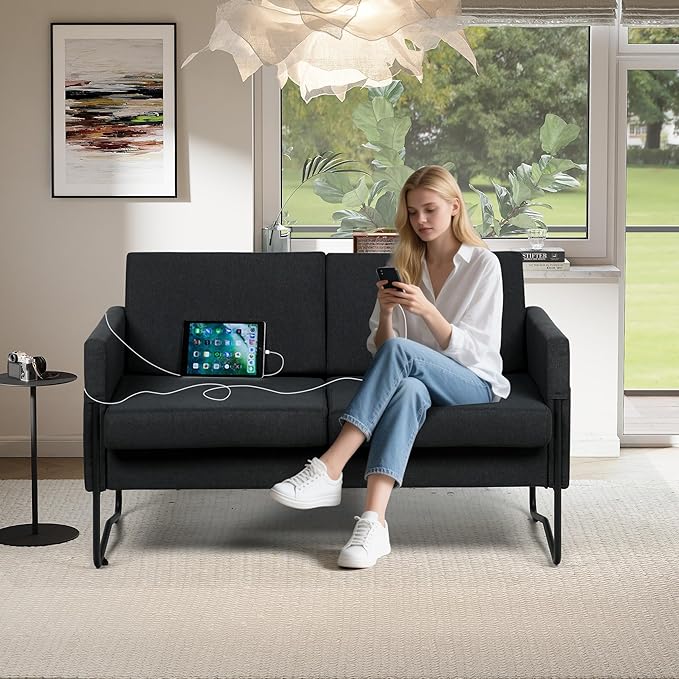 STHOUYN 51” Small Loveseat Sofa for Small Spaces Comfy Black Couch with 2 USB Ports Modern 2 Person Loveseats for Living Room Bedroom Mini Teen Office Couch (Black)