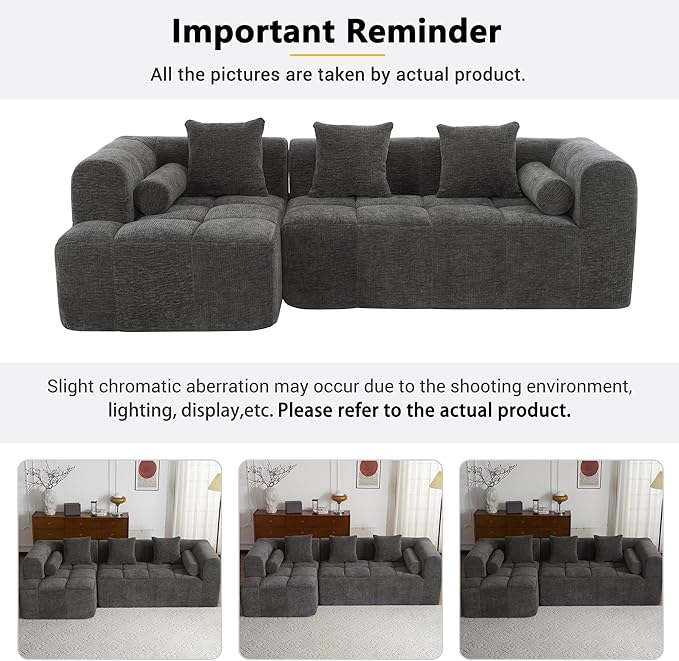 101.2 Sectional Sofa Full-Compressed Sofa Modular Sofa Couch Free-Combined with Deep Seating and Two Side Pockets for Living Room (Grey@90)