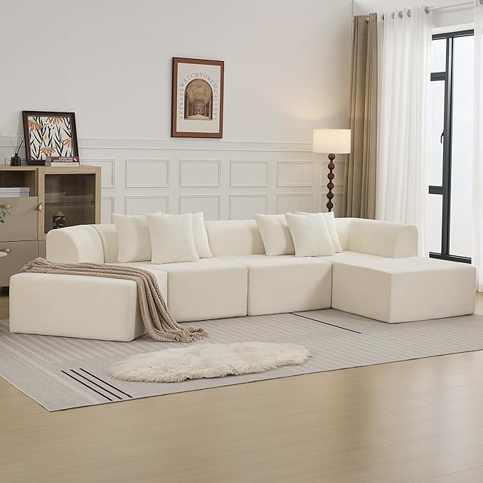 140''Oversized Cloud Velvet Curved Sectional Couch Boneless Couch with L-Shape Chaise Upholstered Compression Memory Foam Modular Sectional Sofa for Living Room No Assembly Required Beige