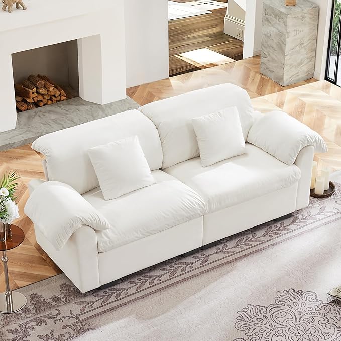 84 Small Loveseat Sofa Couch Upholstered 2-Seat Sofa with 2 Pillows Cloud Sofas with Storage Seat Velvet Comfortable Deep Couch for Living Room Small Space Apartment Removable Cover White