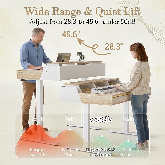 TIQLAB Standing Desk with 3 Drawers 47 Electirc Sit Stand Desk with Storage Height Adjustable Computer Desk Modern Home Office Desk with Monitor Stand Maple