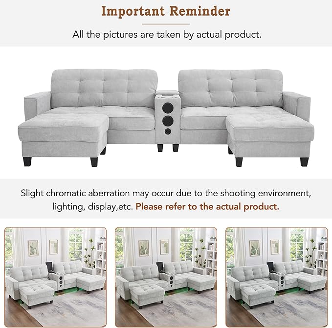 126 U Shaped Cloud Couch Sectional with Storage Ottomans Modular Sectional Sofa with Console for Living Room Modern Comfy Couch with Bluetooth Speaker/LED Light/Charging Station (Light Grey)
