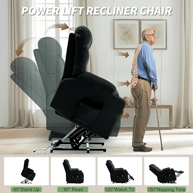 Power Recliner Chair with Massage and Heating Electric Recliner Chair for Elderly and Adults Power Lift Recliner with Remote Control and Cup Holders for Living Room Linen Fabric Black