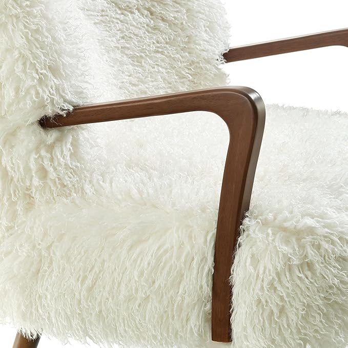 Modway Zerra Upholstered Faux Shearling Lounge Chair in White – Mid-Century Modern Accent Armchair with Wood Frame – Fuzzy Fabric Single Sofa Chair