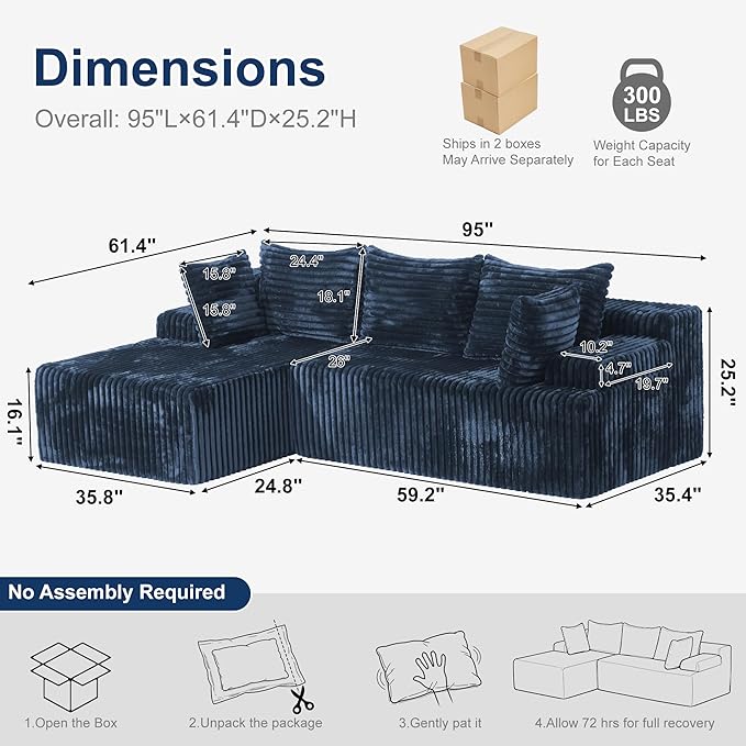 Redlife 95 L-Shaped Modular Sectional Sofa Faux Rabbit Fur Modular Floor Couch with Chaise High-Density 30D Foam Sponge No Assembly Required 5 Pillows Compressed for Living Room (Blue)