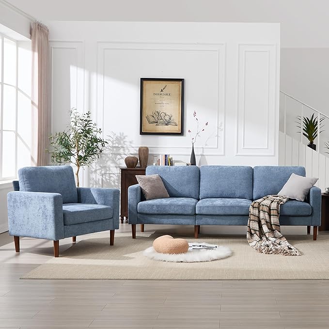 Kingfun 91.7 3 Seater Sofa with Chair Chenille Couch Mid Century Modern Couches with Solid Wood Legs for Living Room &amp Bedroom Light Blue