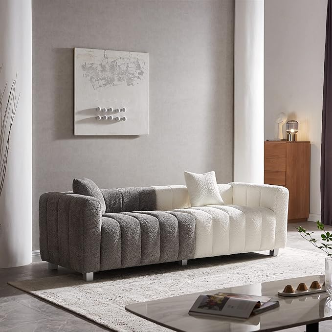 SZLIZCCC 87 Modern Upholstered Sofa Piano-Key Tufted Teddy Velvet Couch 3-Seater Comfortable Living Room &amp Office Sofa (Grey + White)