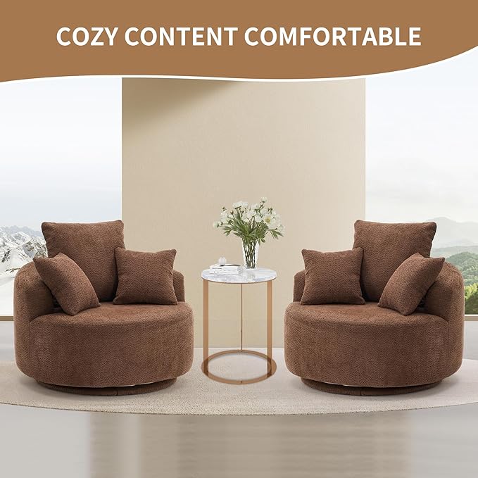 40” Brown Round Swivel Chair with 3 Pillows &amp Thick Cushion Oversized 360° Swivel Accent Chair Modern Boucle Armchair for Nursery Living Room Bedroom Club