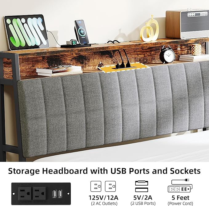 YITAHOME Full Size Beds with Charging Station 2-Tier Storage Headboard with RGB LED Lights Linen Upholstered Platform Beds Strong Wooden Slats No Box Spring Needed Noise Free Rustic Brown