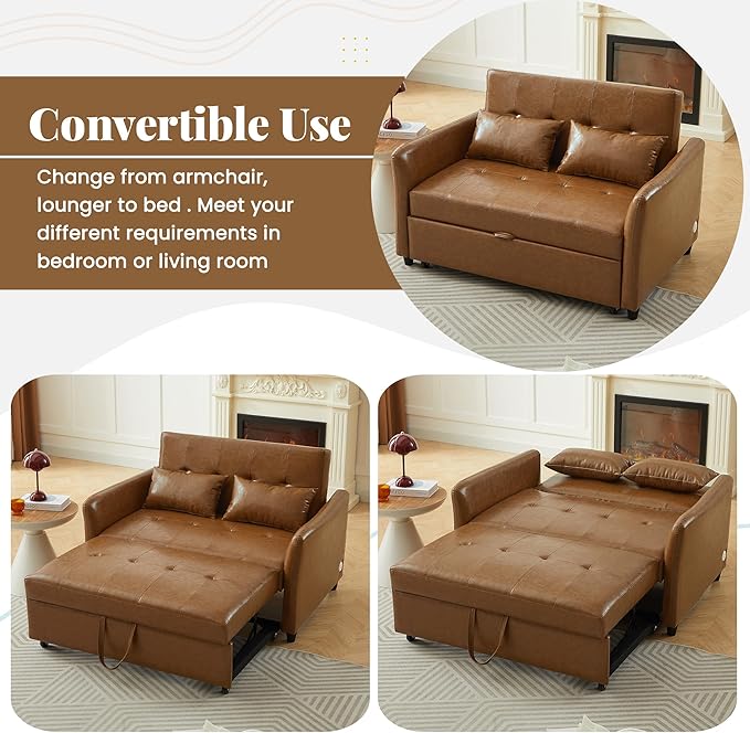 51.57 Convertible Sleeper Sofa Bed Adjustable Oversized Armchair with Three USB PortsU Leather Pull Out Sofa Bed for Apartment Living Room Small Space (Brown/PU)