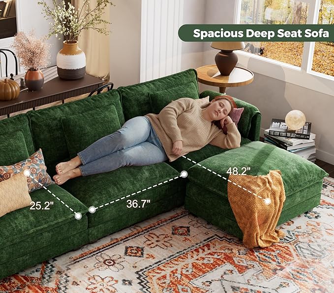 ELUCHANG 116 L Shaped Modular Sectional Cloud Couch with Pillow Deep Seat Sofa Couches for Living Room 4-Seat Modern Sofa with Movable Ottoman Chenille Green