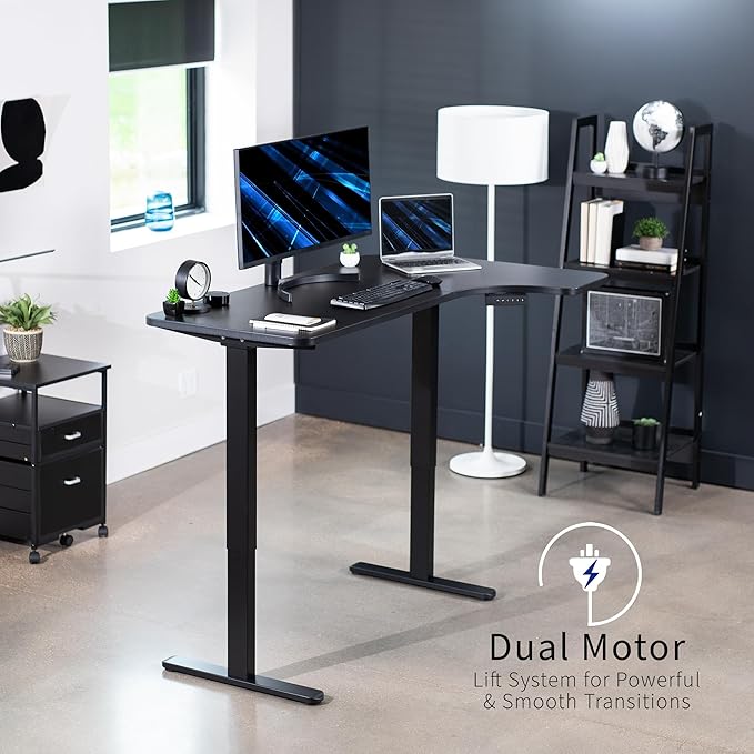VIVO Electric Corner 58 x 35 in Dual Motor L Shape Motorized Stand Up Desk Memory Height Adjustment Reversible Black Top Black Frame DESK-KIT-E2RB