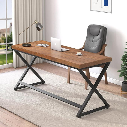 IBF Solid Wood Work Desk Minimalist 47” Real Wood Computer Desk Rustic Natural Wood Desk for Home Office Writing Study Vintage Wooden PC Gaming Computer Table Workstation in Bedroom Brown 47 inch