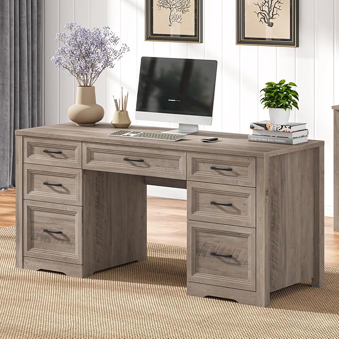 Vabches Farmhouse Executive Desk with File Drawer Home Office Desk with Ample Storage Rustic Office Desk with Spacious Tabletop for Work Grey